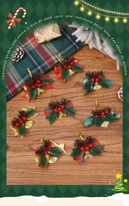 Detailed macro view of festive Christmas bell ornaments with pine cones and colorful bows