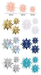Detail view of 3D holographic Christmas snowflake decorations in assorted colors