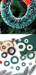 Close-up detail and variety of mini sisal Christmas wreaths with snow effect ornaments