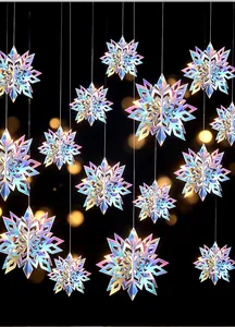 3D holographic Christmas snowflake hanging decorations with iridescent finish on black background
