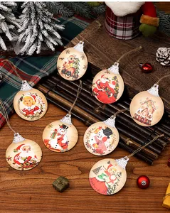 Detailed view of vintage wooden Christmas ornaments with retro Santa and snowman designs.