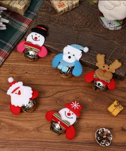Macro view of Christmas plush ornaments set featuring Santa, reindeer and snowman bells