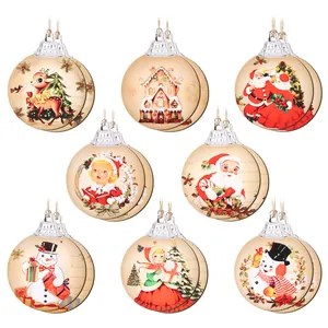 Vintage Wooden Christmas Tree Hanging Ornaments Retro Santa Claus Snowman Reindeer Flat Round Wooden Pendants For Home Xmas Decor