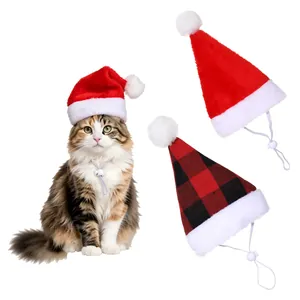 Festliche Haustier Weihnachtsmütze Katze Hund Xmas Santa Mütze Mit Verstellbarem Riemen Polyester Kariert Plüschball Haustier Kopfschmuck