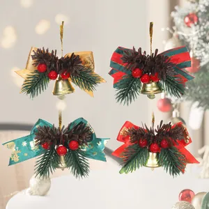 Christmas Tree Bell Ornaments With Bow Knot Pinecones Berries Decorative Metal Hanging Pendants For Xmas Party Home Decor