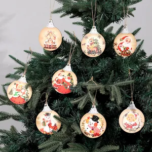 Set of 8 vintage wooden Christmas tree ornaments with Santa and Snowman illustrations