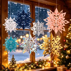 3D Christmas snowflake hanging decorations in various colors for festive window display