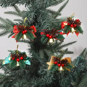 Assorted Christmas tree ornaments featuring golden bells, pine cones, and colorful bows