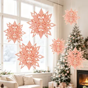 Set of 6 3D pink paper snowflake hanging ornaments for festive Christmas home decoration
