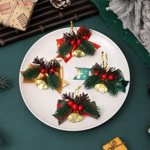 Set of 4 Christmas bell ornaments with pine cones and ribbon bows for tree decor