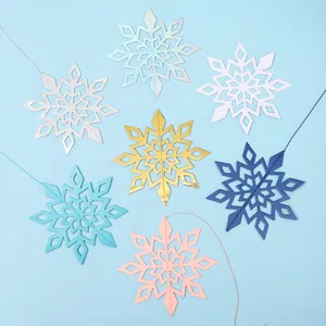 Festive 3D Christmas holographic paper snowflake hanging garland decorations, 6-piece set