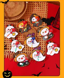 Halloween ghost and pumpkin lollipop decorative paper cards set on red background