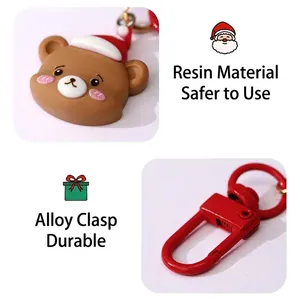 Festive Christmas resin bear keychain with durable red alloy clasp for holiday gift