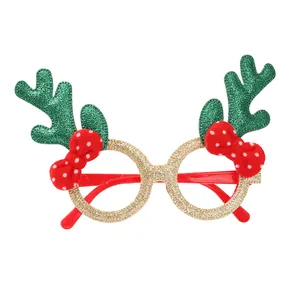Festliche Weihnachtsbrille mit Rentiergeweih, roten Schleifen und goldenem Glitzerrahmen