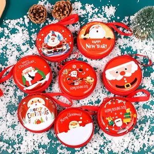 Mini Porte-monnaie Rond en Fer-blanc de Noël Pour Enfants Sac de Rangement Dessin Animé Père Noël Renne Petite Boîte Cadeau