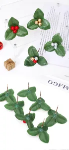 Detailed front and back views of mini Christmas holly leaf berry decorative picks.