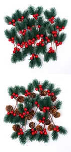 Detailed view of artificial Christmas pine sprigs with red berries and pine cones