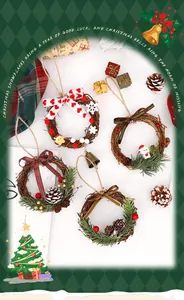 Detailed view of assorted mini Christmas rattan wreaths with festive ornaments and bows