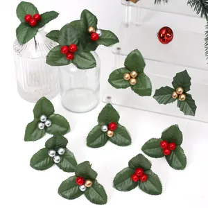 Artificial Christmas Berry Holly Leaf Sprigs Mini Decorative DIY Xmas Tree Ornaments For Gift Wrapping Party Home Decor