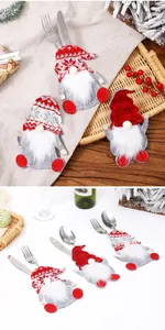 Vista detallada de porta cubiertos de gnomos navideños con gorros rojos y barbas blancas
