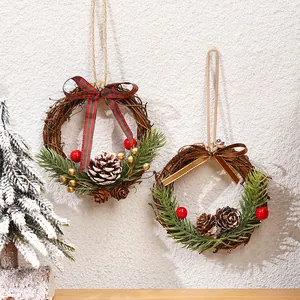 Christmas Vine Wreath Hanging Decoration Natural Rattan Wreath With Pine Cones Berries Bowknot For Home Christmas Tree Decor