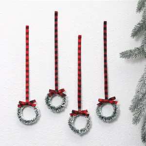 Mini Christmas Wreath Decoration Buffalo Plaid Ribbon Bow Artificial Flocked Pine Needle Cabinet Hanging Ornament For Home Party
