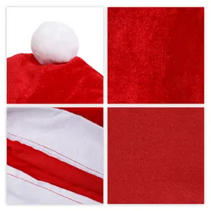 Detailed macro shots of red velvet Santa hat chair covers with white pom-pom and stitching.