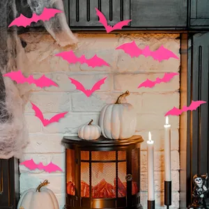 3D stereoscopic pink bat wall stickers for Halloween home decor on white brick wall