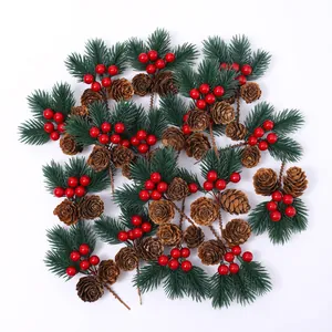 Set of artificial Christmas picks featuring pine needles, red berries and pine cones