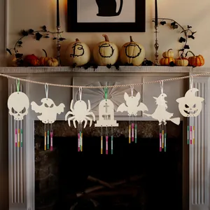 Χειροποίητο ξύλινο σετ κουδουνιών ανέμου Halloween DIY με σχήματα φαντάσματος και κολοκύθας