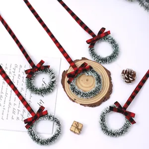 Set of 5 mini Christmas wreaths with red and black buffalo plaid ribbons and bows