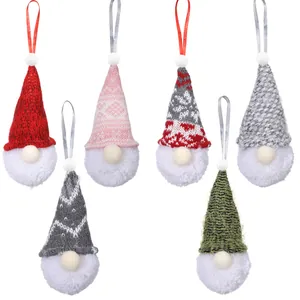 Set of 6 Christmas gnome hanging ornaments with colorful knitted hats and pom-pom bodies