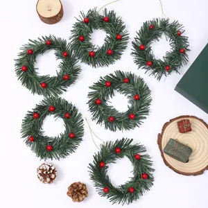 Set of 6 mini Christmas wreaths with red berries and pine needles for home decor