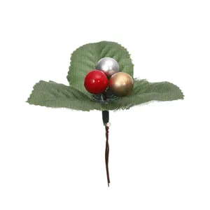 Artificial Christmas holly leaf pick with metallic red gold and silver berry decor