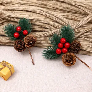 Artificial Christmas pine needle picks with red berries and pine cones for DIY gifts