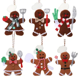 Set of six handcrafted plush chef gingerbread man ornaments for Christmas tree decor