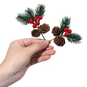 Artificial Christmas pine needle pick with red berries and pine cones for DIY gift decor