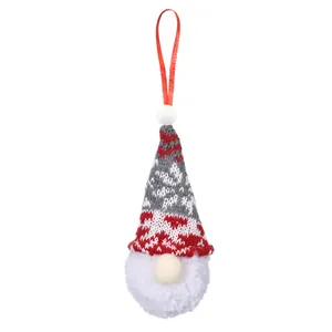 Handmade knitted Christmas gnome ornament with red hanging loop and white pompom beard