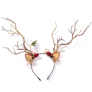 Forest Mori Christmas Reindeer Horn Headband With Berries And Butterfly Decoration Simulated Antler Headwear For Party Photography Women Jewelry