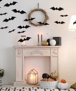 Gedetailleerde kamerweergave van 3D zwarte PVC vleermuis muurstickers voor Halloween