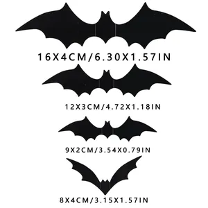 Set van 4 3D zwarte PVC Halloween vleermuis muurstickers met gedetailleerde afmetingen