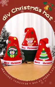 Detailed view of DIY handmade felt Christmas hats with cute penguin and reindeer characters