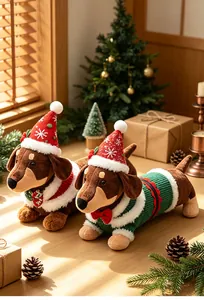 Cozy close-up of Christmas dachshund plush toys wearing festive holiday outfits.