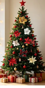 Bellissimi fiori artificiali di poinsettia che decorano un festoso albero di Natale.