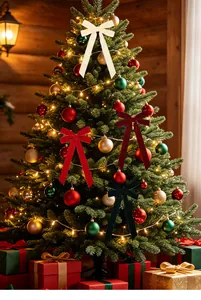 Velvet Christmas tree bows in red, cream and green for elegant holiday home decor.