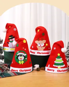 Close-up detail of four different DIY felt Christmas hats with festive patterns