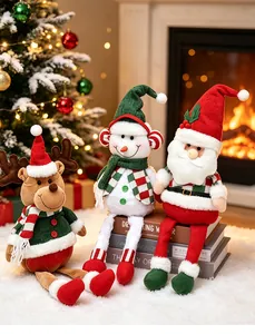 Handcrafted Christmas plush dolls: Santa, Snowman, and Reindeer with festive long legs.