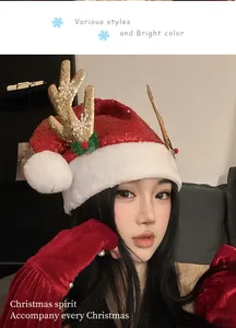 Close-up of a festive red sequined Christmas hat with gold antlers worn by a model.