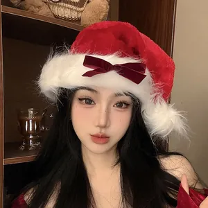 Plush Christmas Hat with Antlers Bow Sequins Red Velvet Festive Party Hat for Women Kids Christmas Gift Merry Christmas