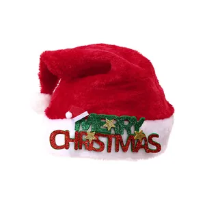 Classic plush red and white Santa hat featuring Merry Christmas glitter text design